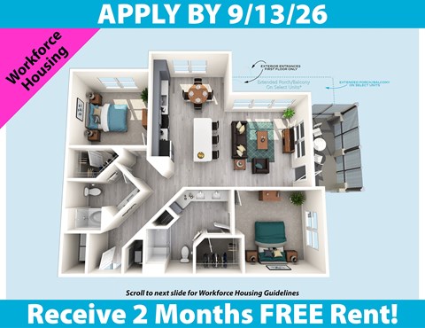 Floor plan for 2 beds, 2 baths, 1166 sqft